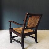 Low Arts & Crafts Oak & Rush Armchair, Belgium 1920s