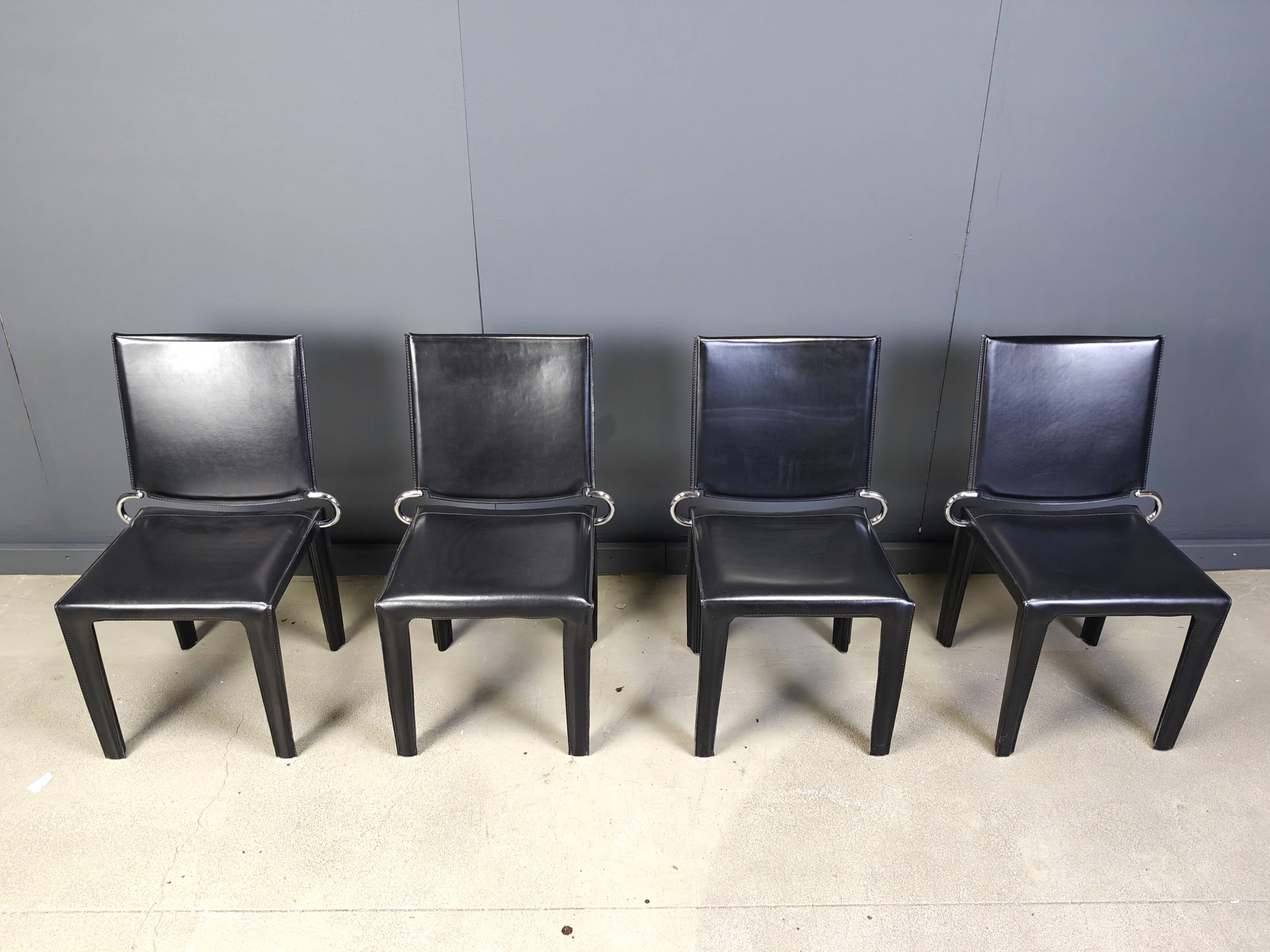 Black leather dining chairs by Arper italy, 1980s - set of 4