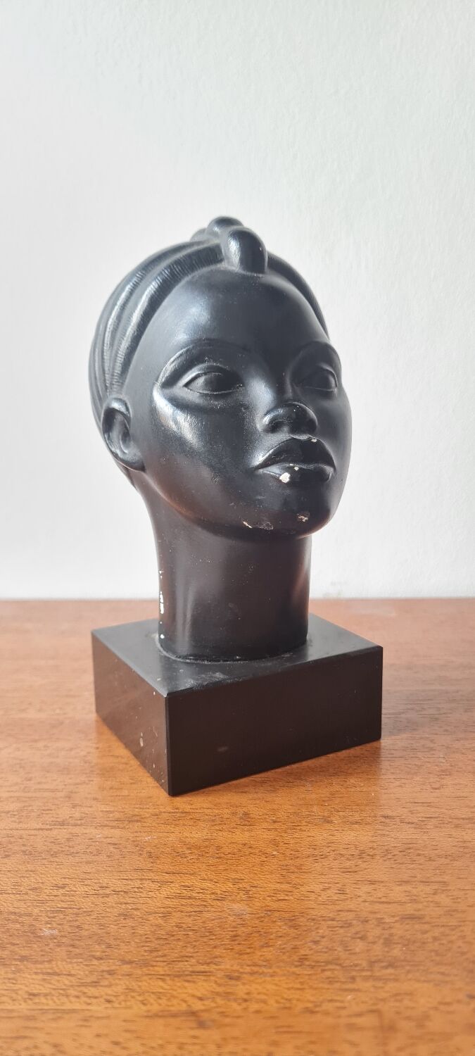 Art deco African woman bust plaster statuette signed Andre C registered