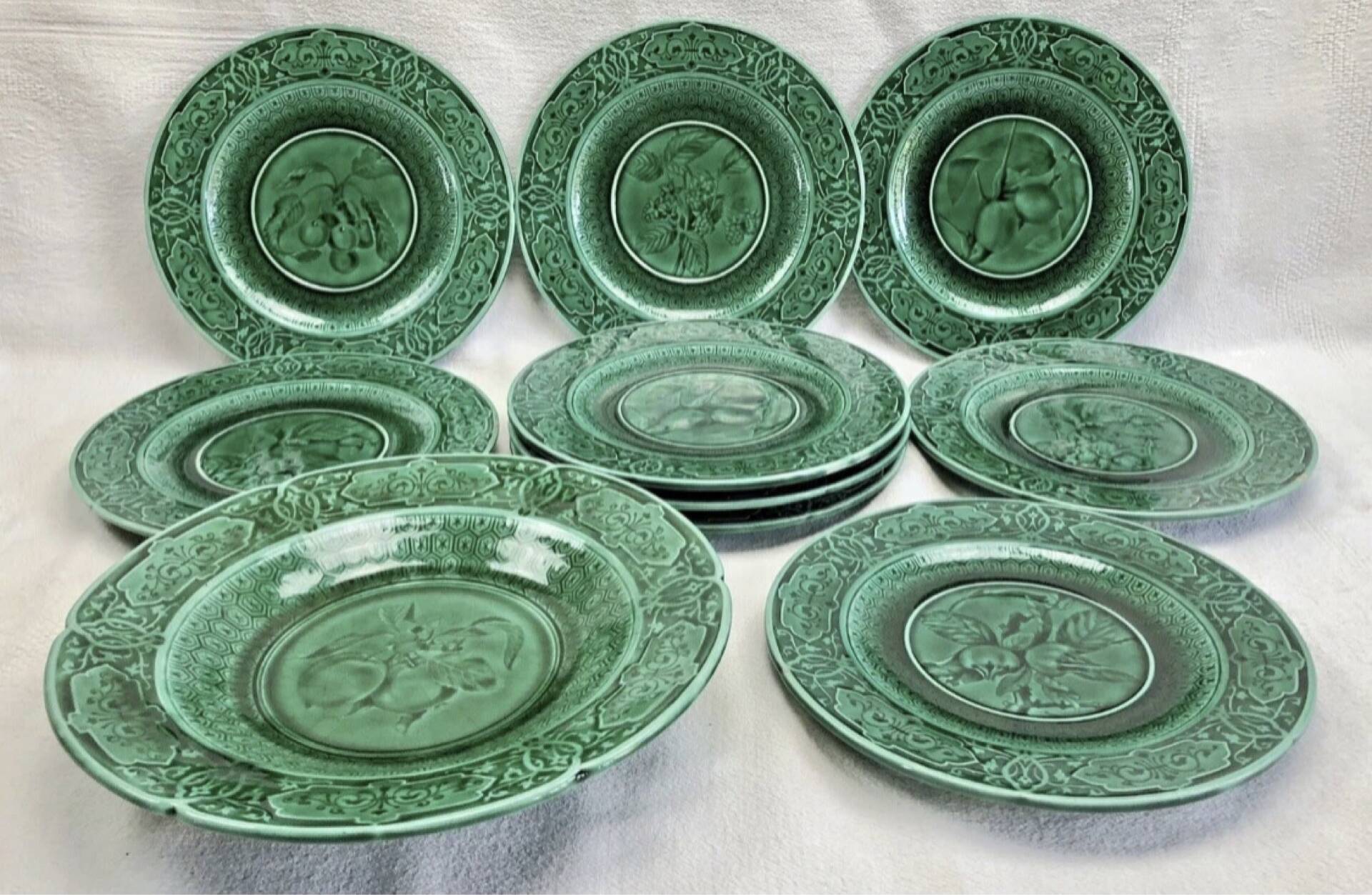3 fruit plates Sarreguemines majolica shaded enamel Rubelles