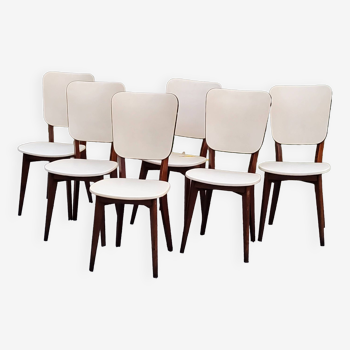 Set of 6 vintage chairs in beech and ivory moleskin from the 1950s