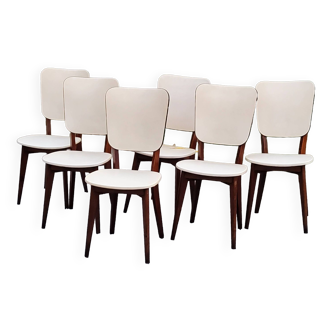 Set de 6 chaises vintage en hêtre et moleskine ivoire des années 50