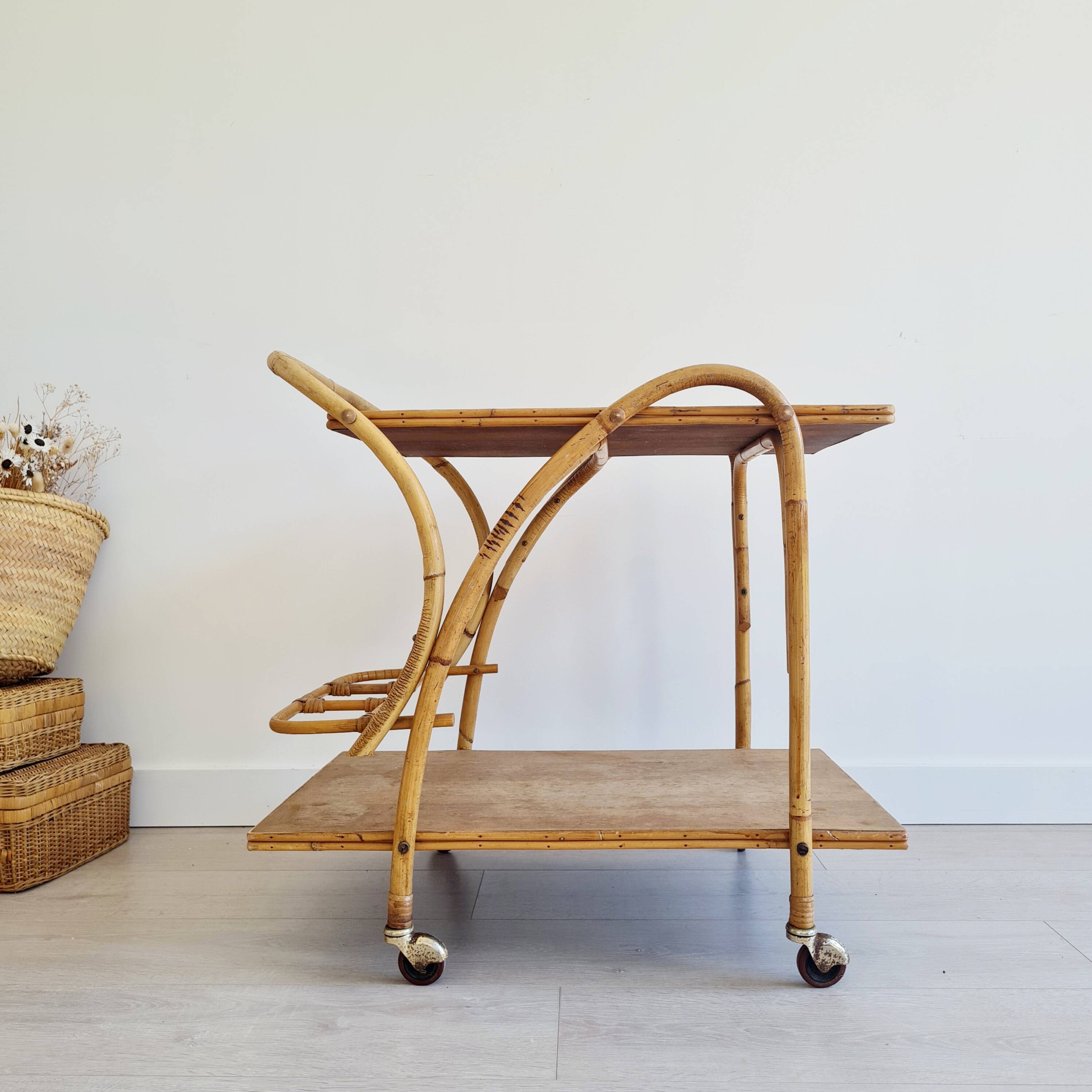 Antique rattan serving trolley with double shelves