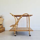 Antique rattan serving trolley with double shelves