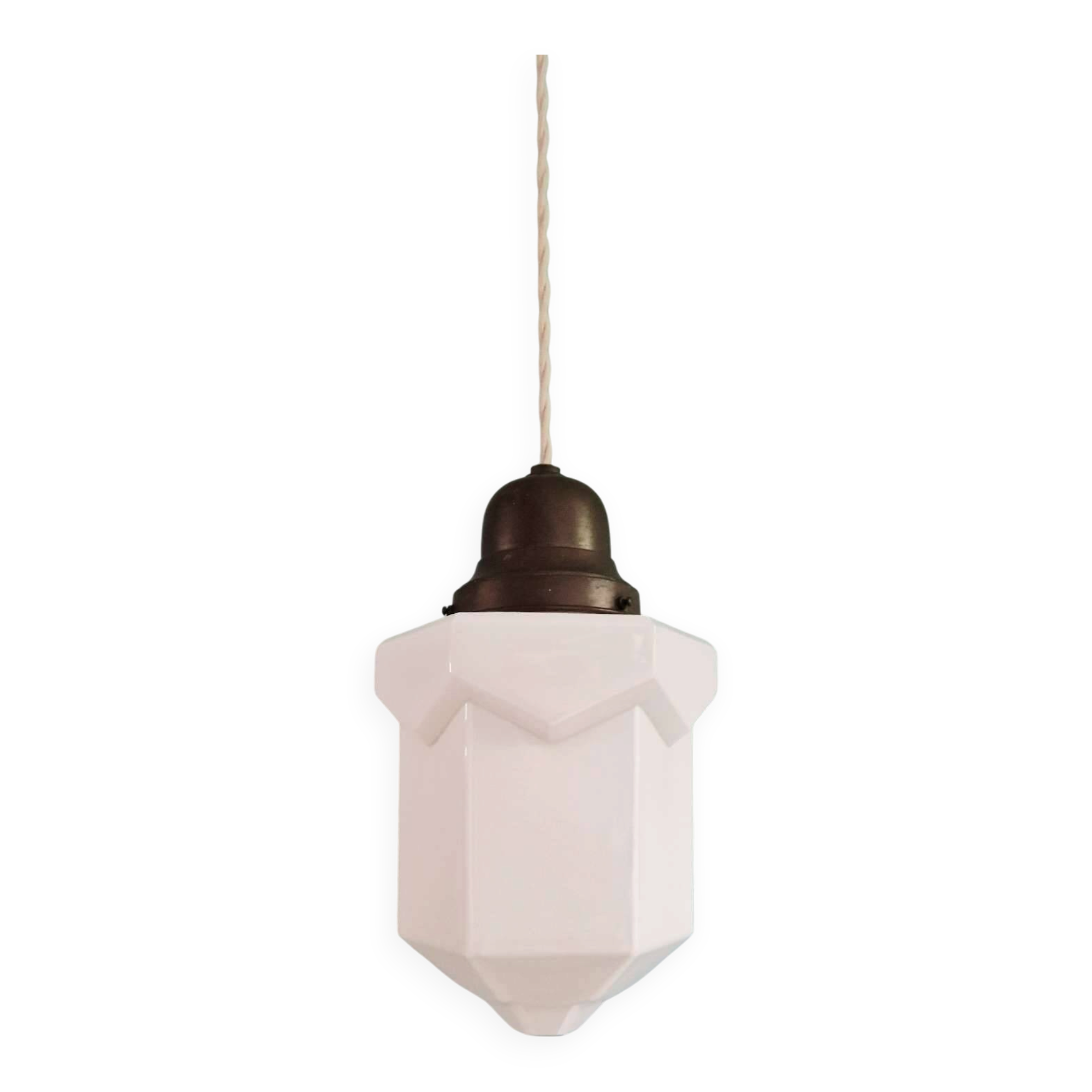 Art Deco Skyscraper Pendant in white opaline, 1920-30
