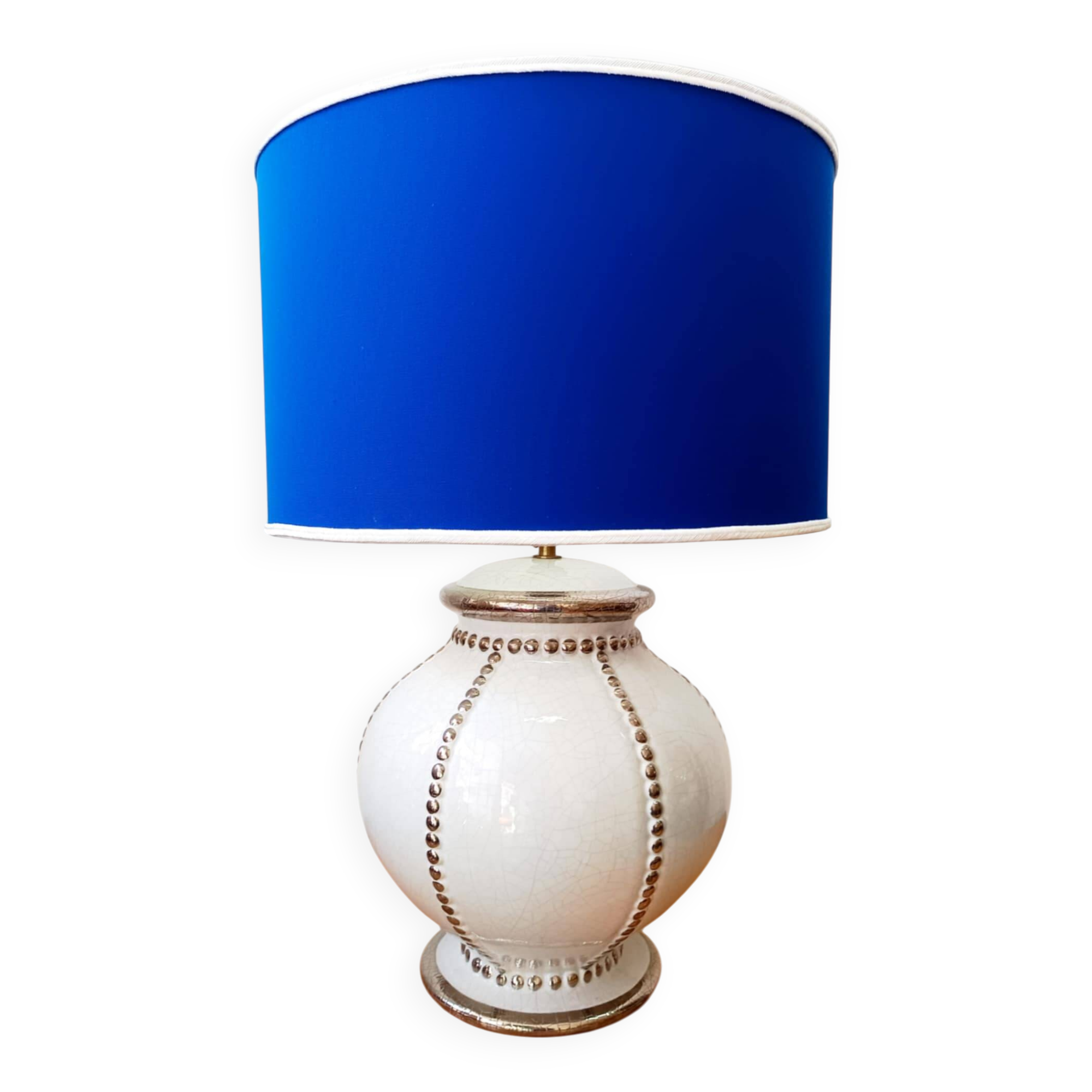 Longwy earthenware lamp and Klein blue lampshade