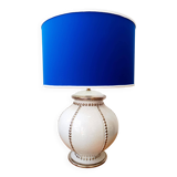 Longwy earthenware lamp and Klein blue lampshade