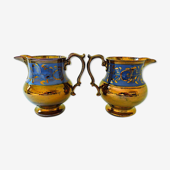 Pair of lustrous Staffordshire earthenware pitchers called "Jersey" earthenware