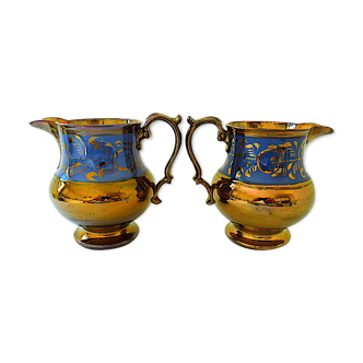 Pair of lustrous Staffordshire earthenware pitchers called "Jersey" earthenware