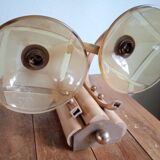 Double retro wall light - painted wood & brass - amber yellow frosted glass cups