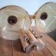 Double retro wall light - painted wood & brass - amber yellow frosted glass cups