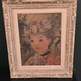 Old painting portrait of a woman with a flowered hat
