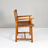 19th century oak and cognac leather brutalist castellana spanish armchair