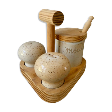 Salt, pepper, and mustard set, stoneware from Marais, France.