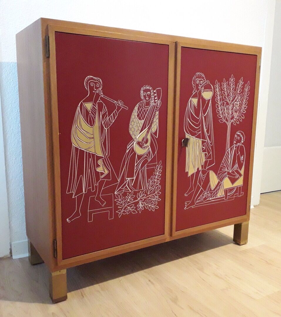 Red Lacquer Bar with gold leaf detail France circa 1950