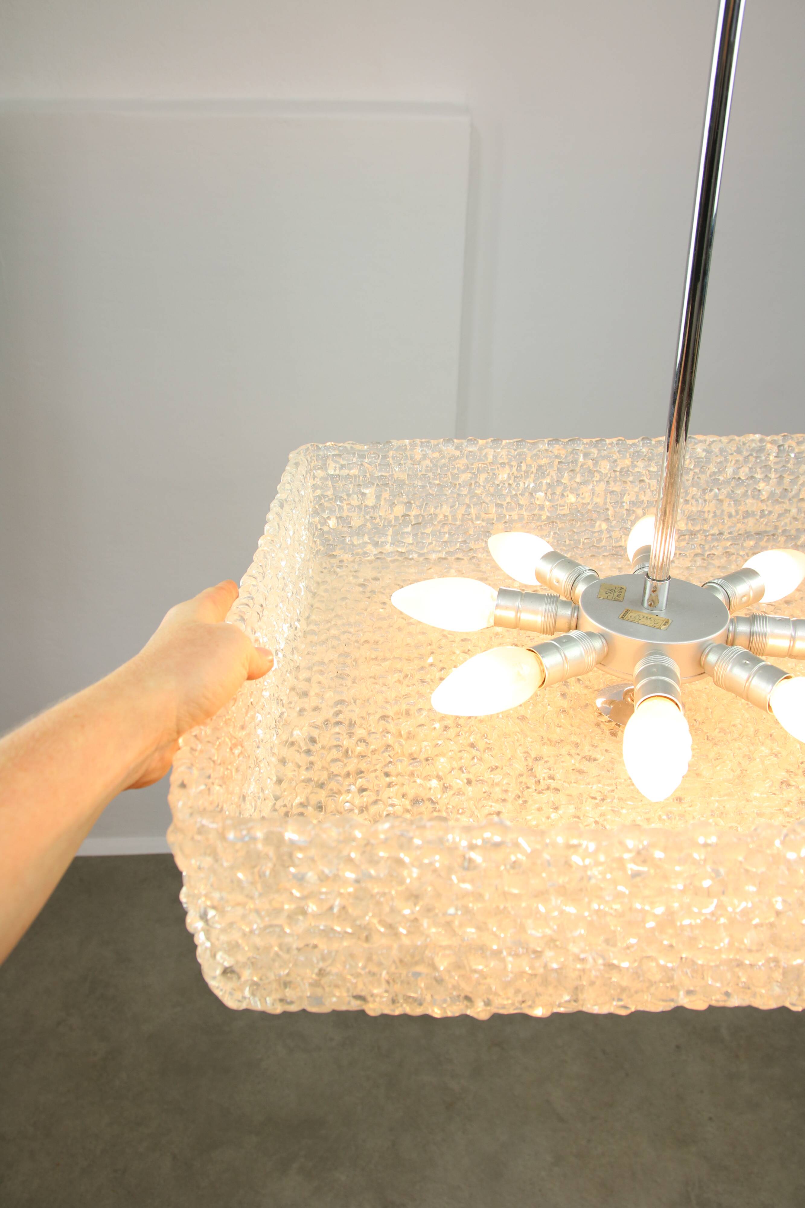 Vintage Textured Glass Chandelier: Mid-Century Kalmar Style Pendant Light