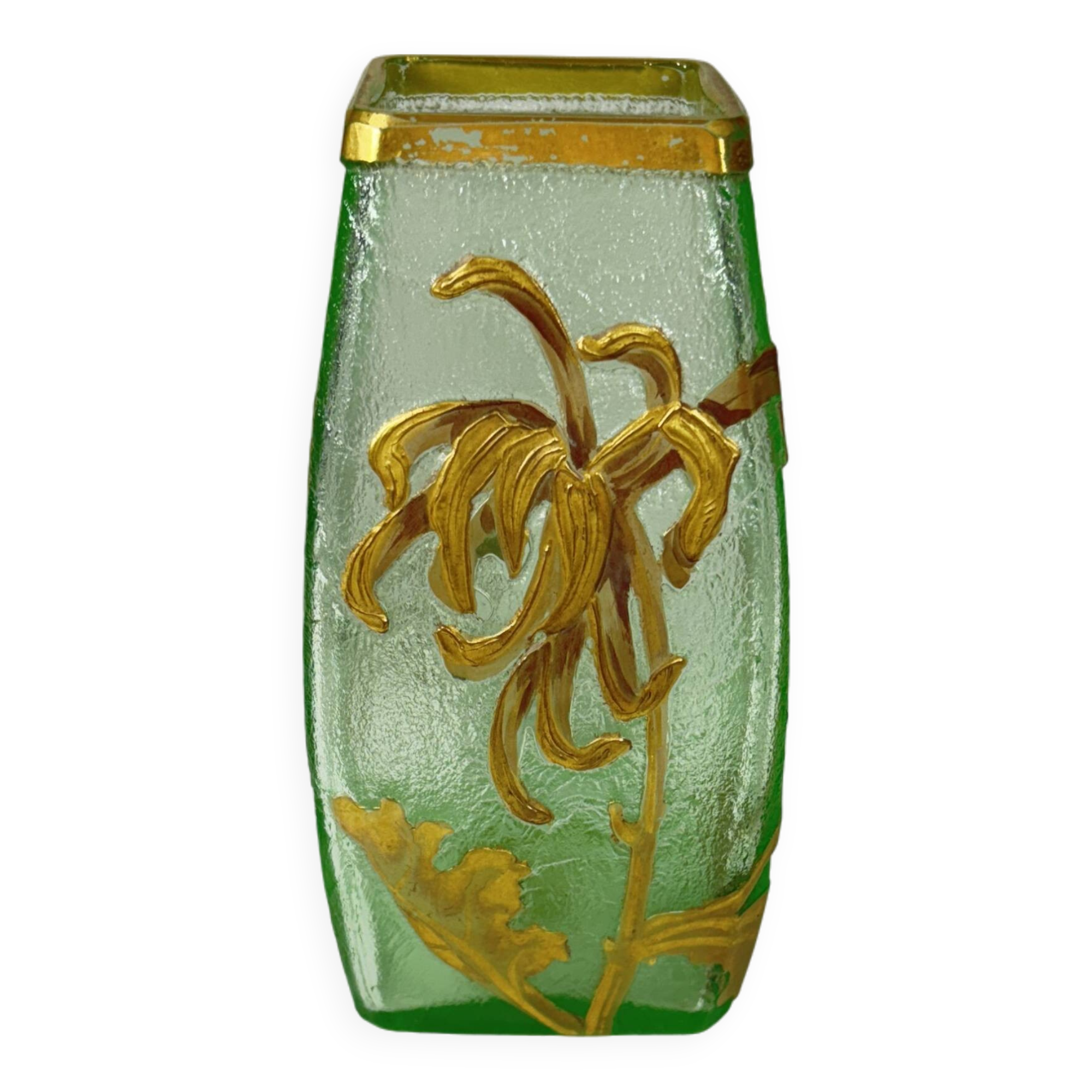 Montjoye Legras vase with frosted green and gold chrysanthemums