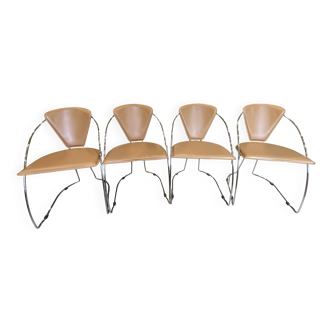 Set of 4 Linda armchairs by Arrben in camel leather with a chrome frame.