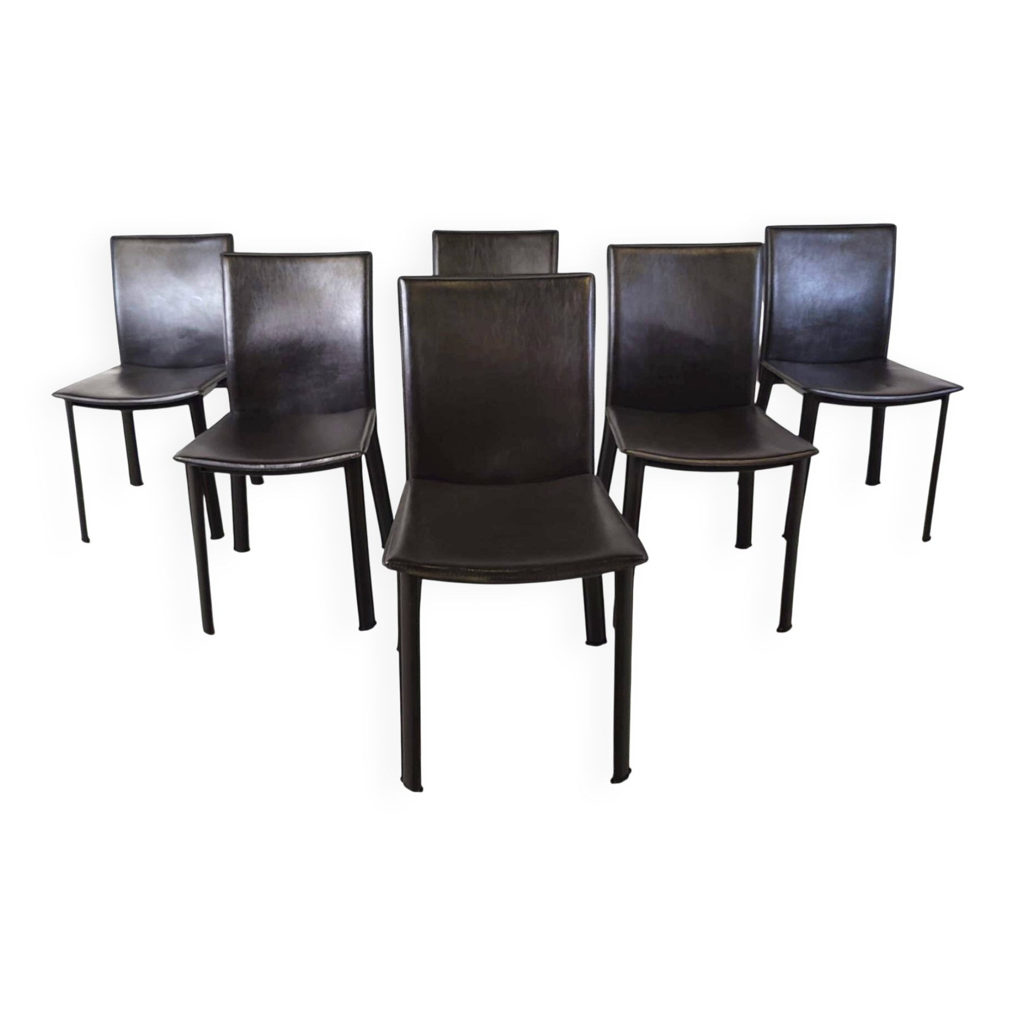 Dark brown leather dining chairs, set of 6 - 1980s