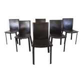 Dark brown leather dining chairs, set of 6 - 1980s
