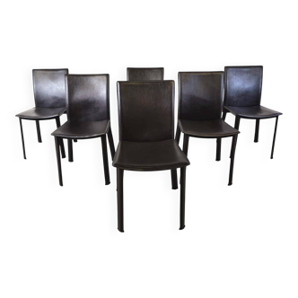 Dark brown leather dining chairs, set of 6 - 1980s