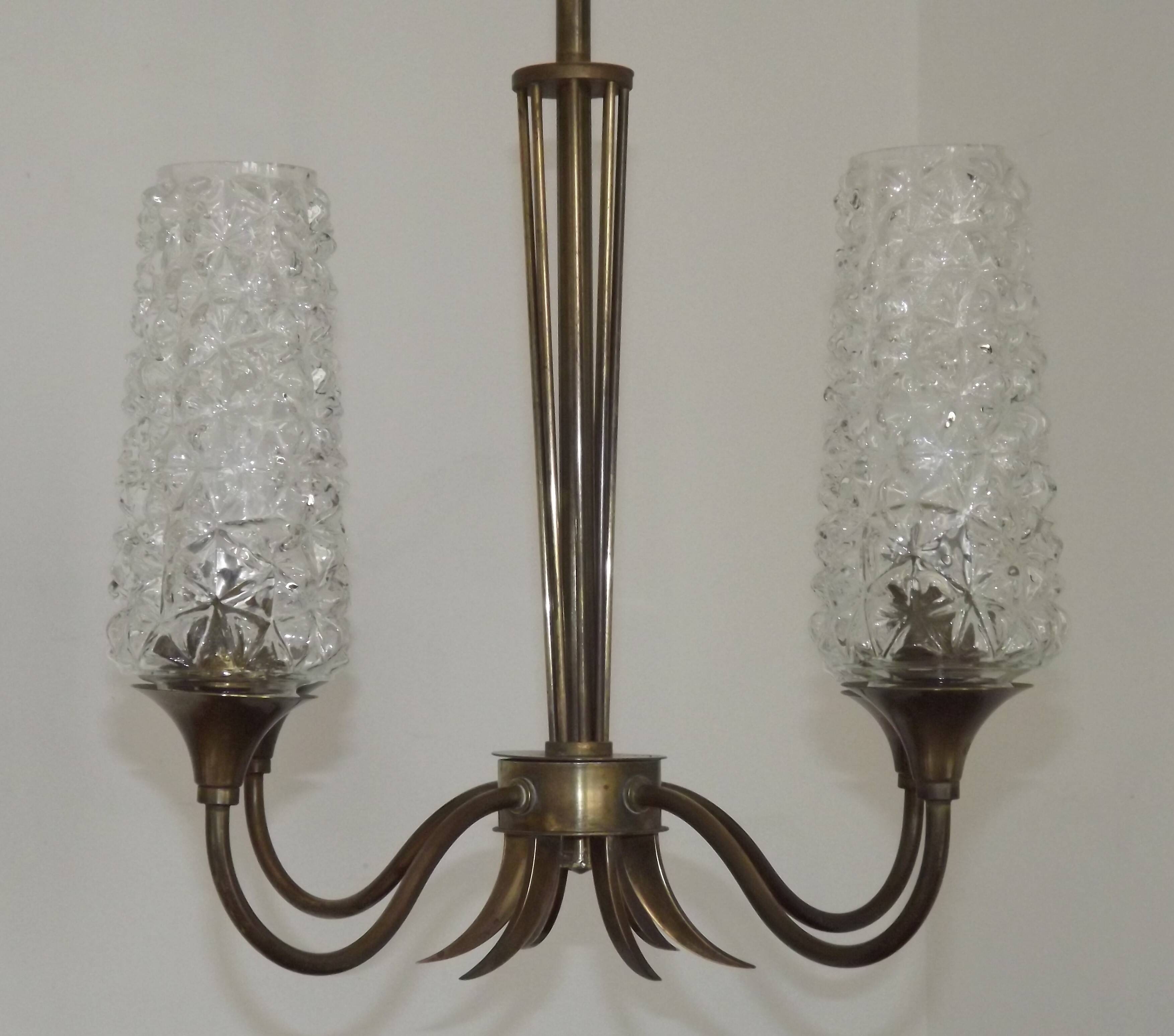 French vintage retro chandelier with 4 lights in brass and bronze with cut glass shades.