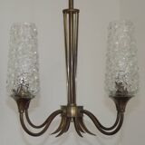 French vintage retro chandelier with 4 lights in brass and bronze with cut glass shades.