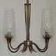 French vintage retro chandelier with 4 lights in brass and bronze with cut glass shades.