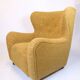 Armchair with ottoman - Over-upholstered - Patterned yellow fabric - Black legs - Danish design - 1940s style