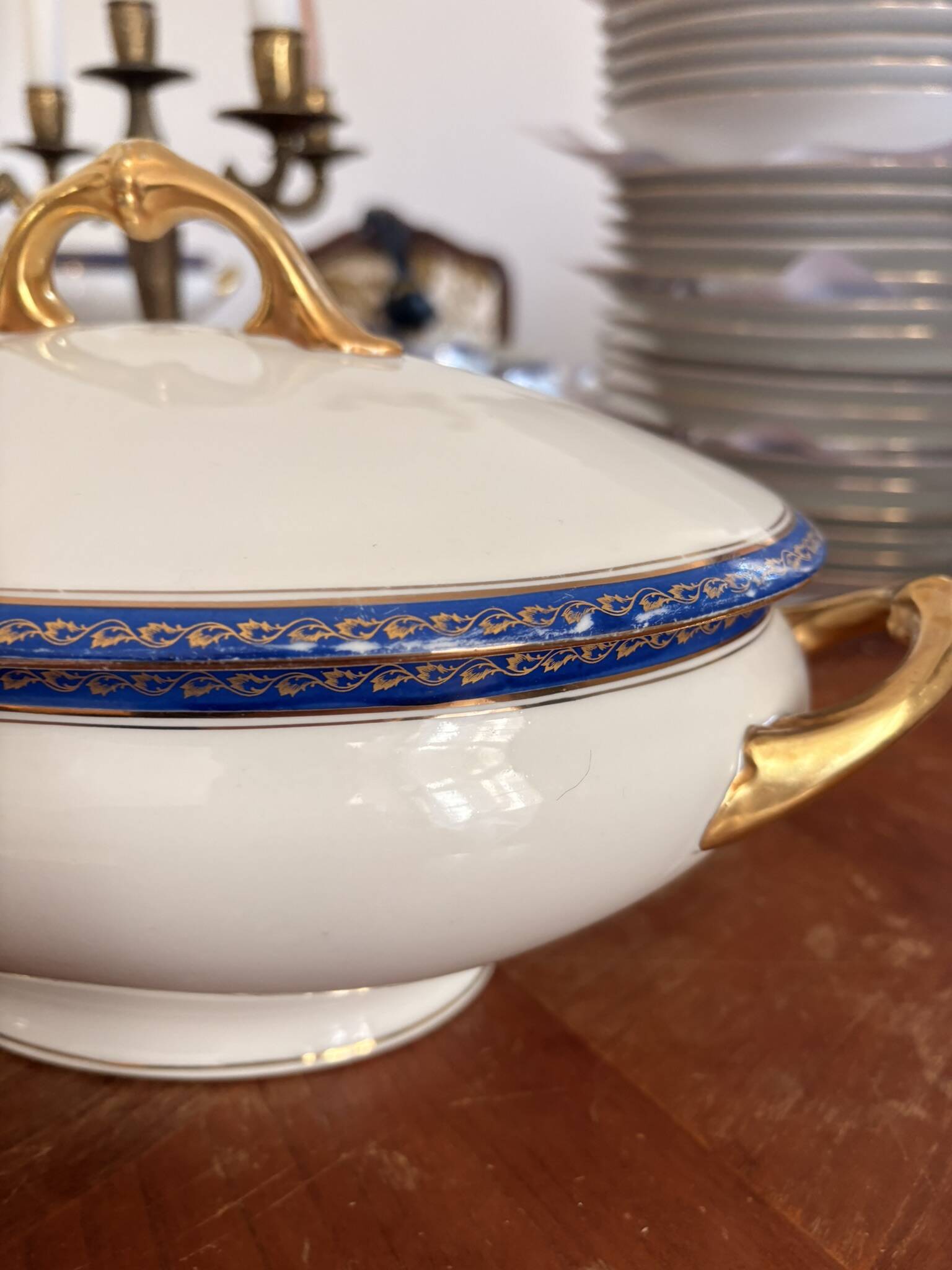 Large Soup Tureen Porcelain Limoges Blue Gold Betoule & Legrand France 1/2