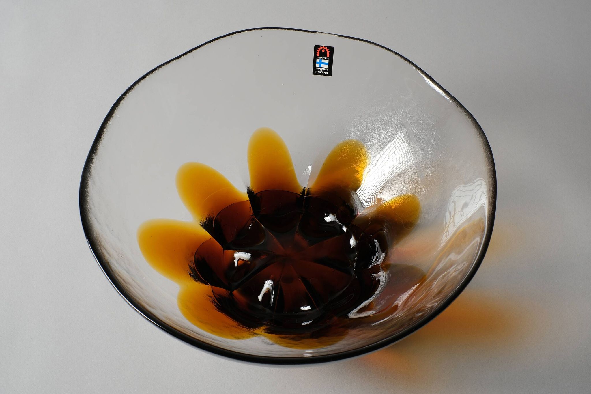 Humppila Finland Amber Art Glass Bowl, MCM Petal Sunburst Design, 1970s.