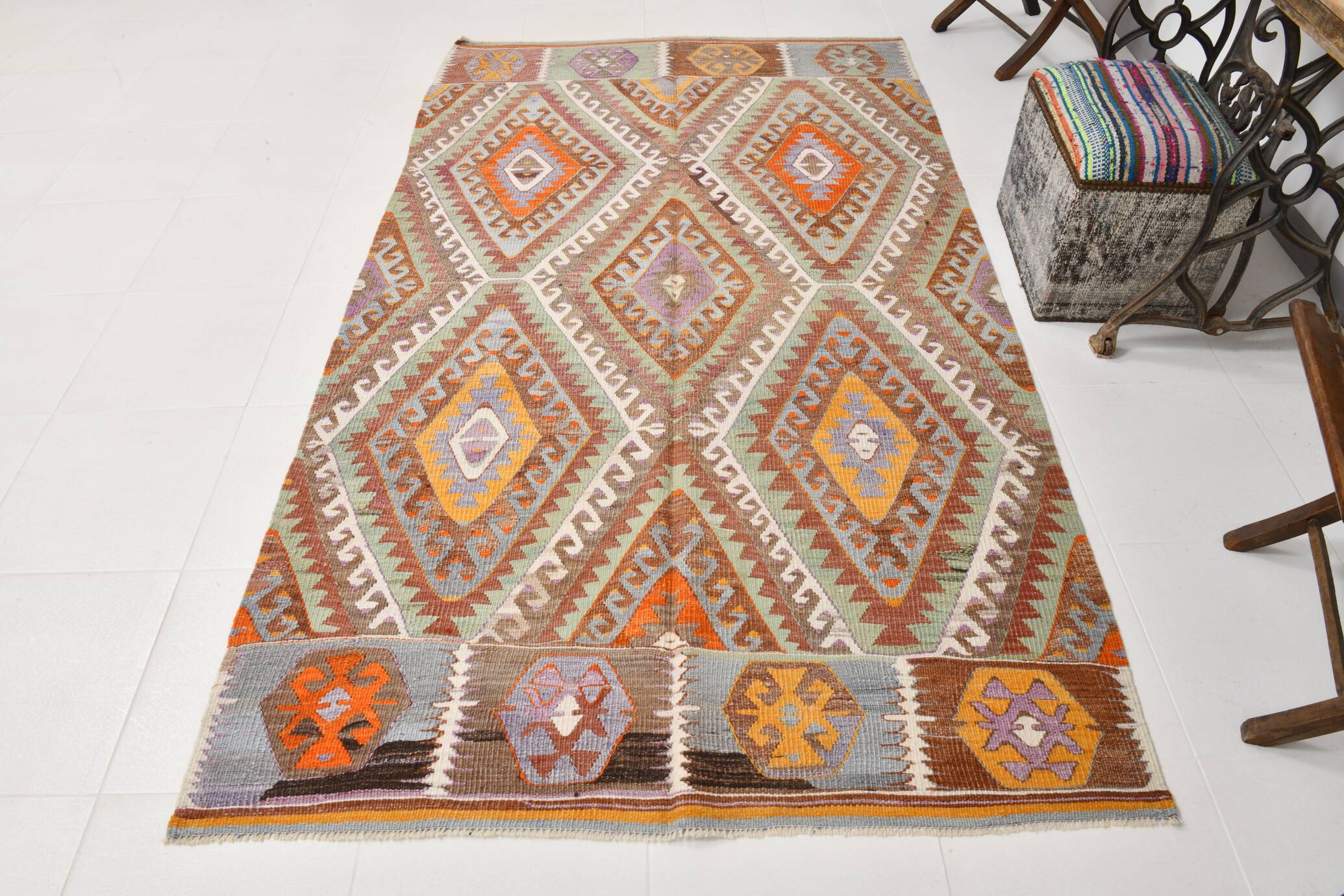 5x8 Green & Orange Tribal Vintage Kilim Rug, 146x255Cm SK 33083