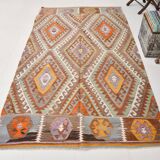 5x8 Green & Orange Tribal Vintage Kilim Rug, 146x255Cm SK 33083