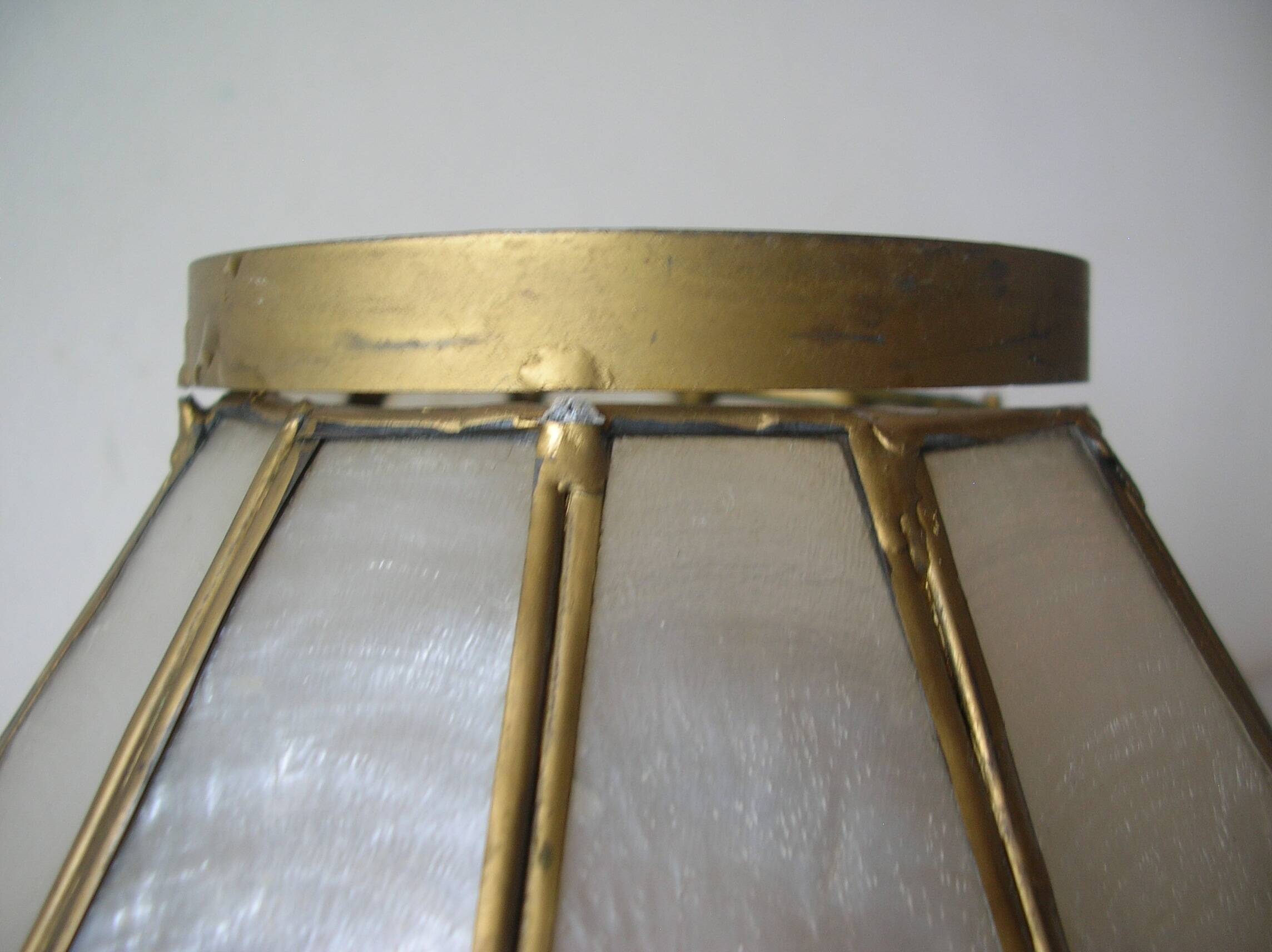 Old large mother-of-pearl brass lampshade stained glass style fruit decor 31 cm