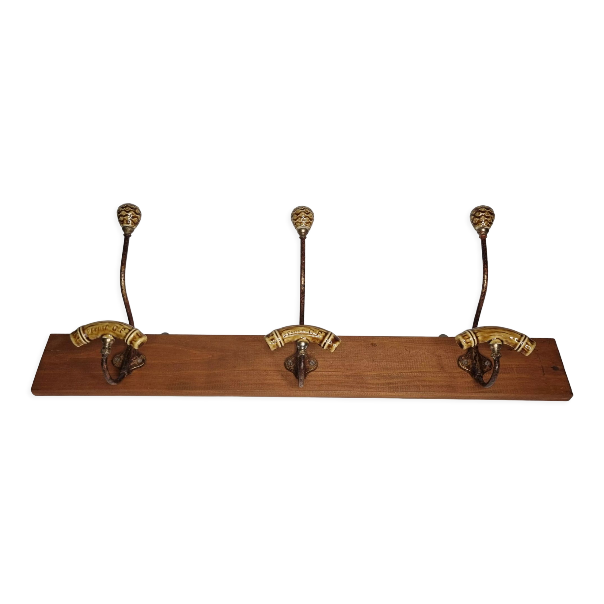 Wall coat rack, three metal and ceramic hooks in imitation of bamboo, 1900