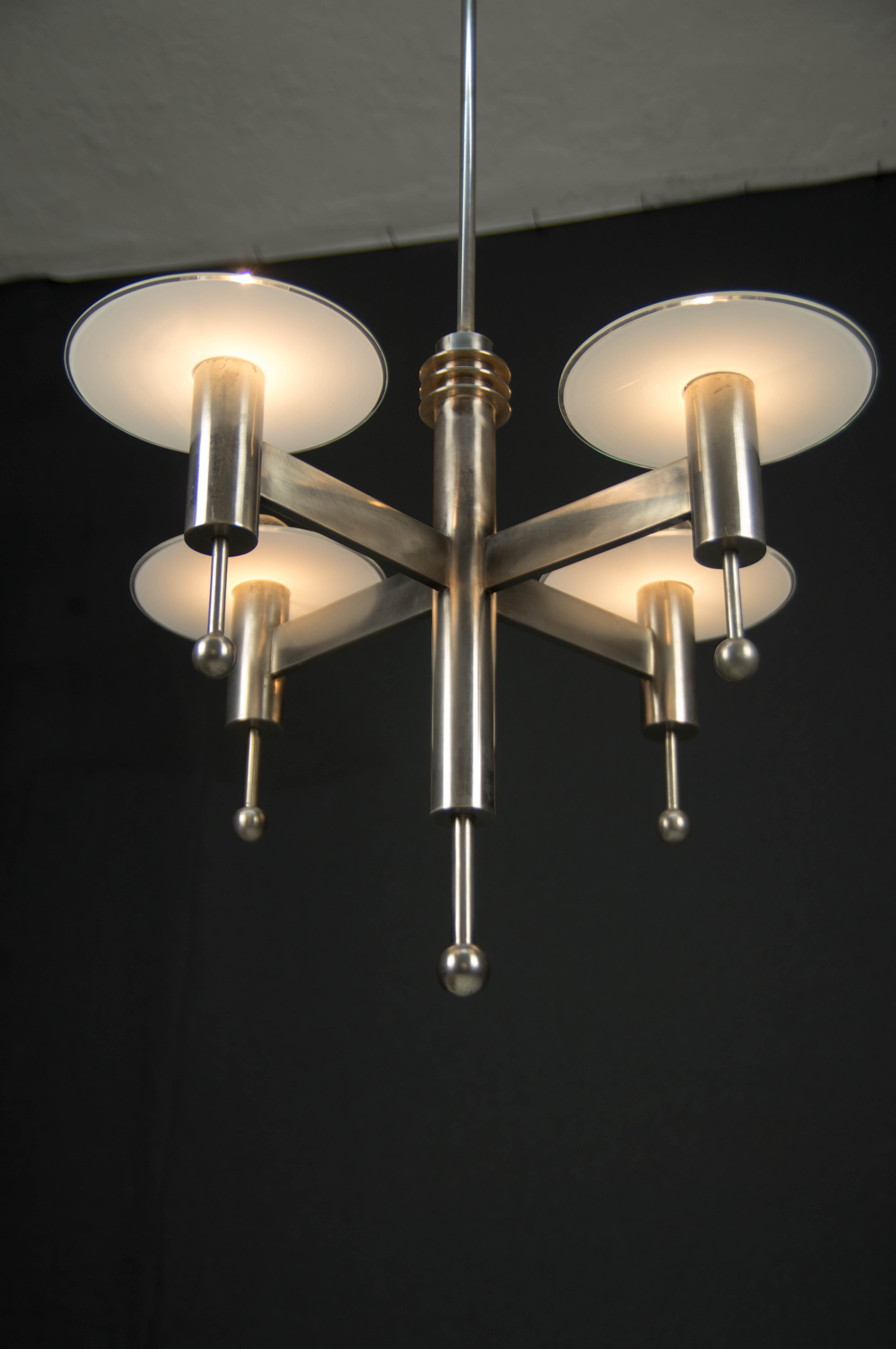 Art Deco or Bauhaus Nickel-plated 4-flamming chandelier, 1920s
