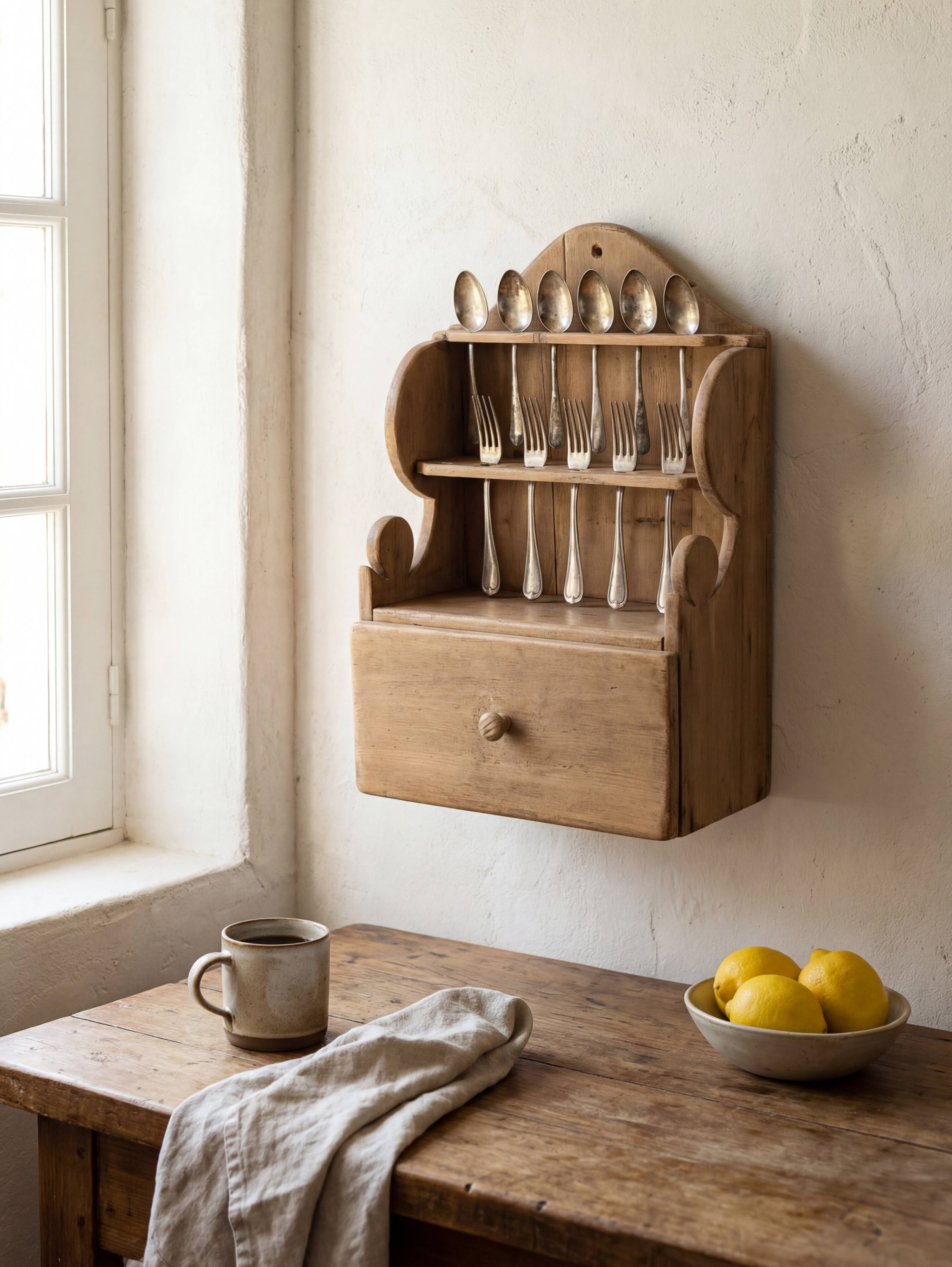 Étagère en pin sculpté à la main, style art populaire, 1 tiroir, 1950
