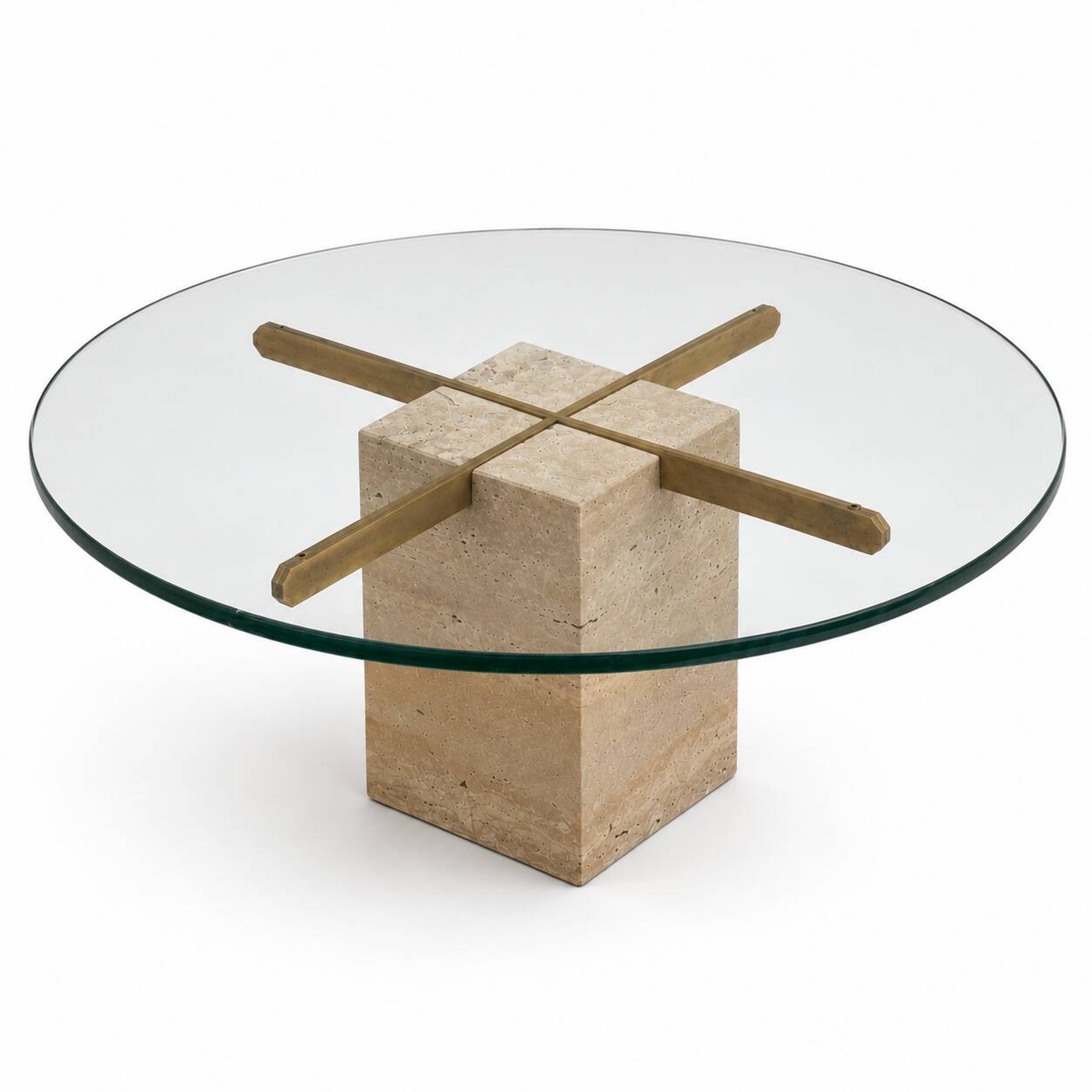 Vintage round coffee table with thick glass top and travertine and brass base