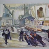 The port, the docks, unloading, dockers, painting signed 20th century HSP
