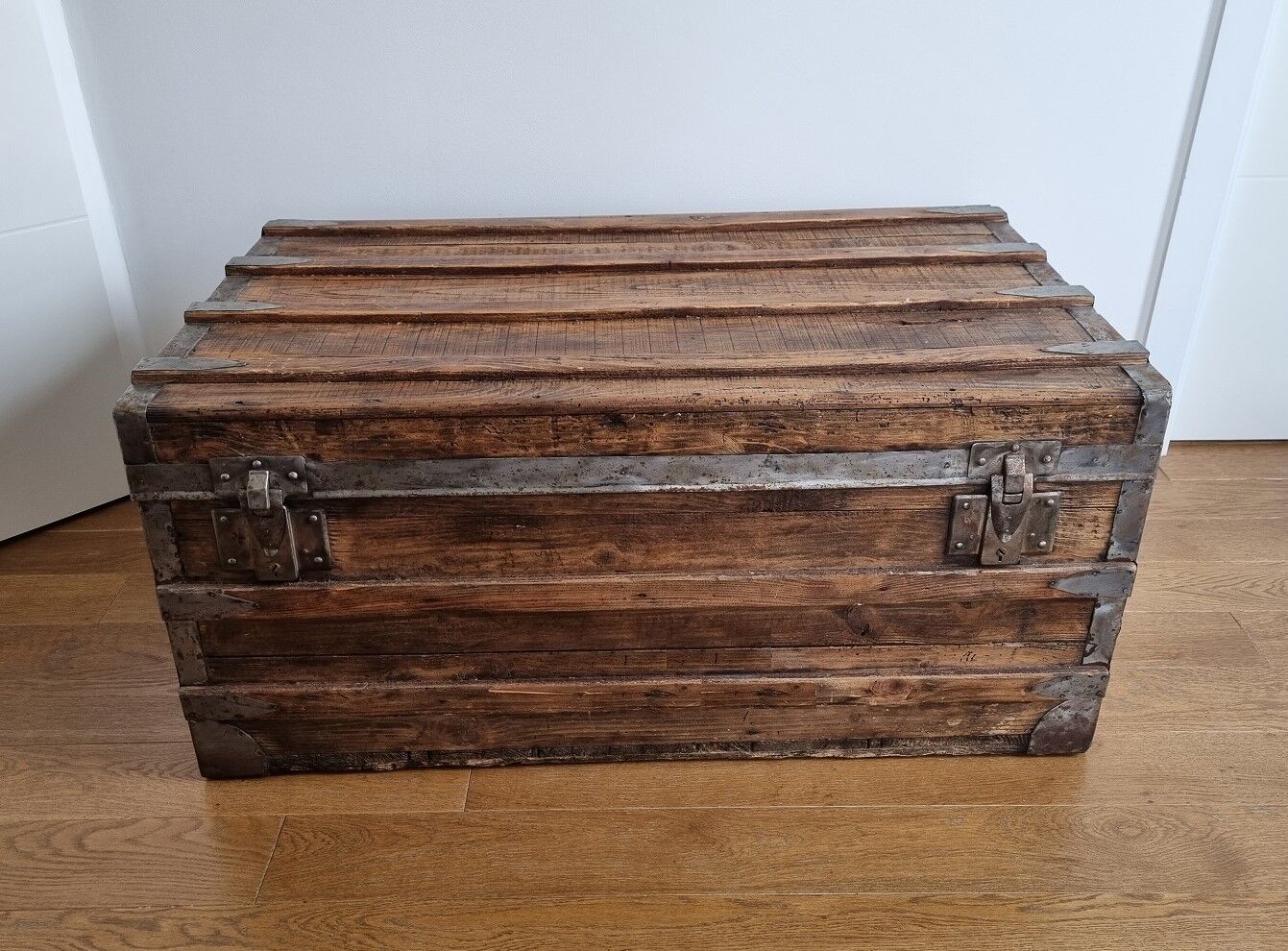 Large-scale marine style decorative wooden trunk with interior upholstery
