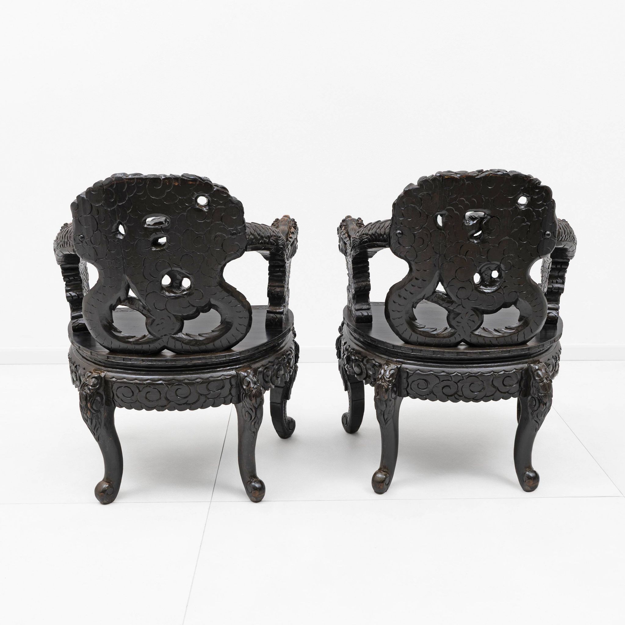Pair of Chinese Qing Dynasty Carved Dragon Armchairs,Ebonized Hardwood,19th