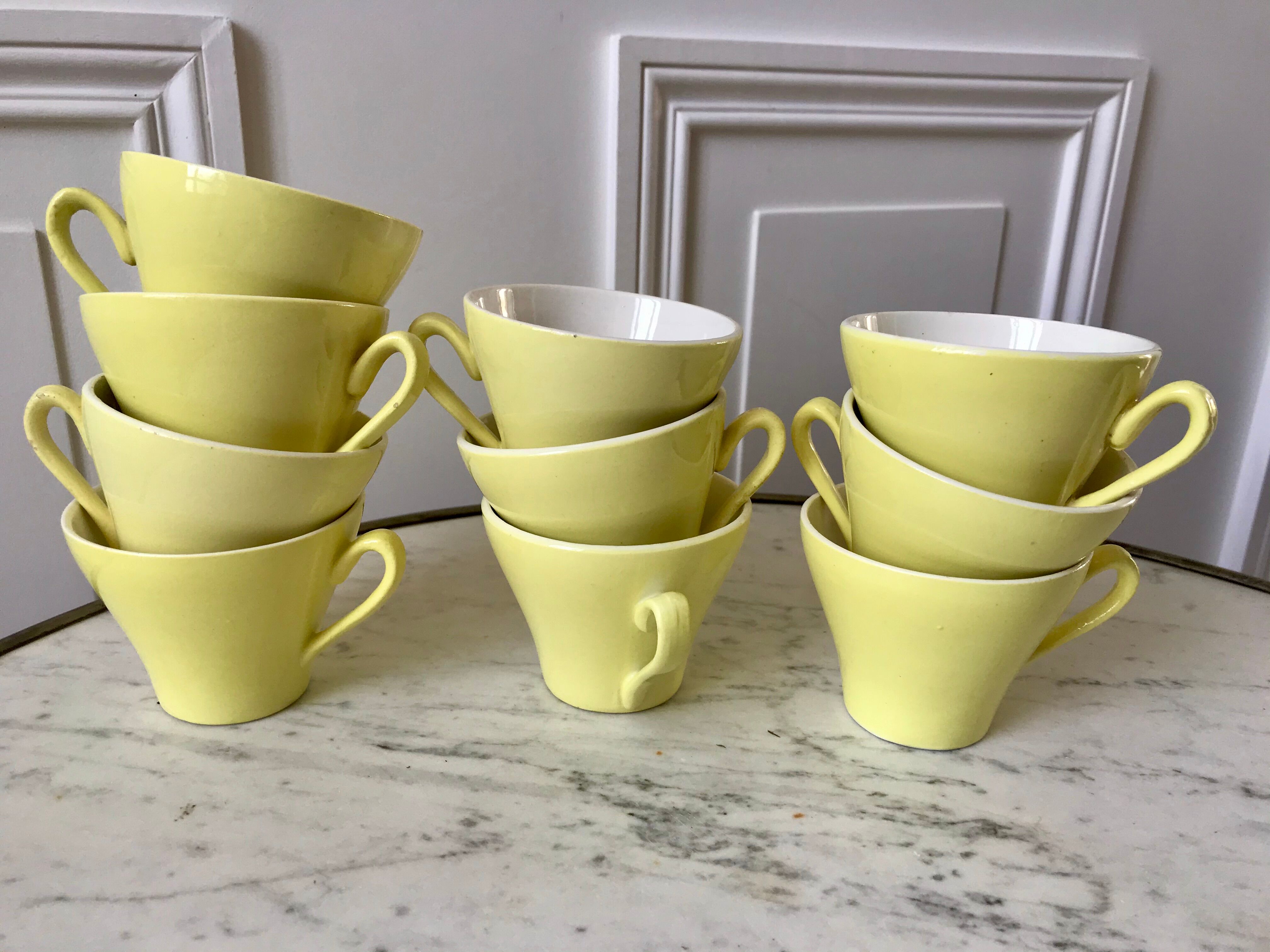 set of 10 coffee cups Digoin Sarreguemines pastel yellow color 50s