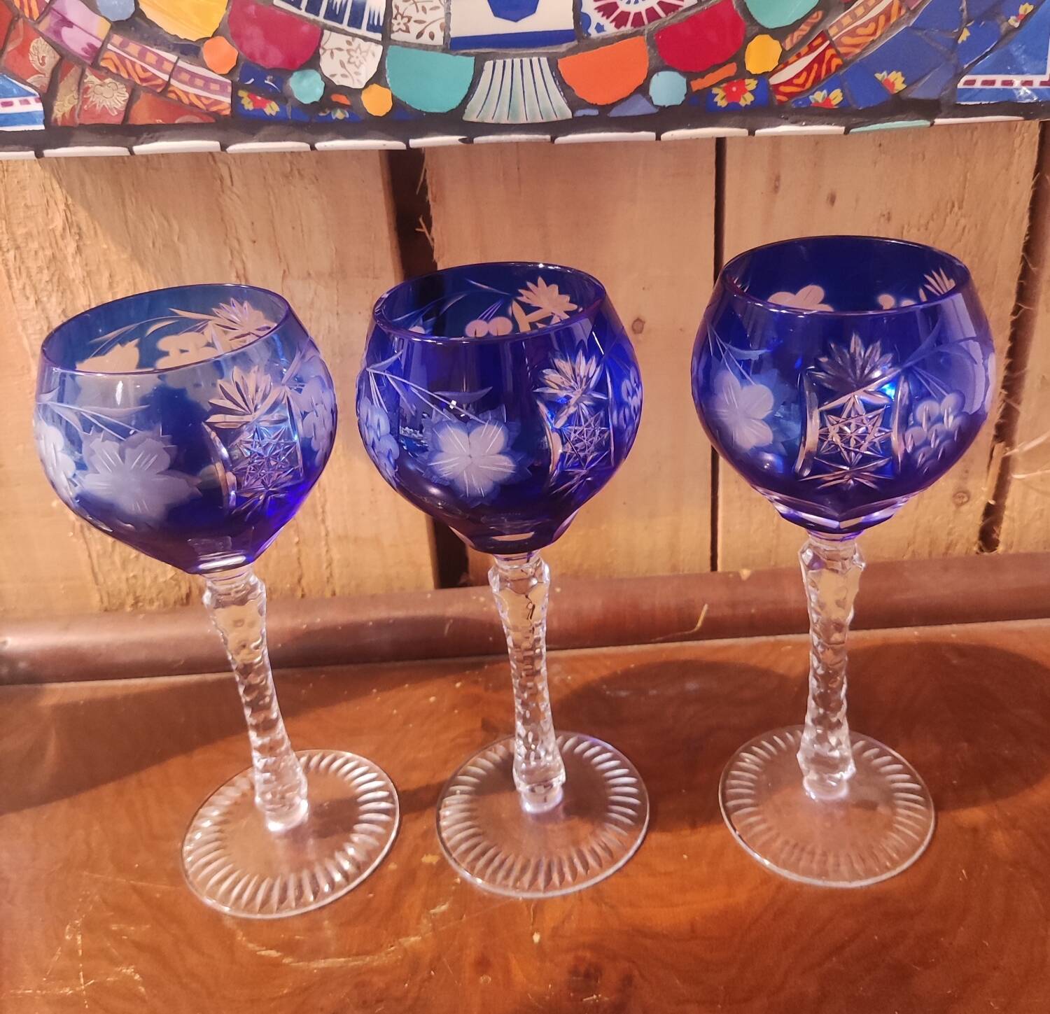 3 large cobalt blue cut crystal stemmed glasses