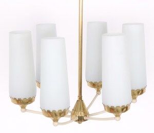 Vintage 6-arm chandelier in brass and milk glass, 1960s