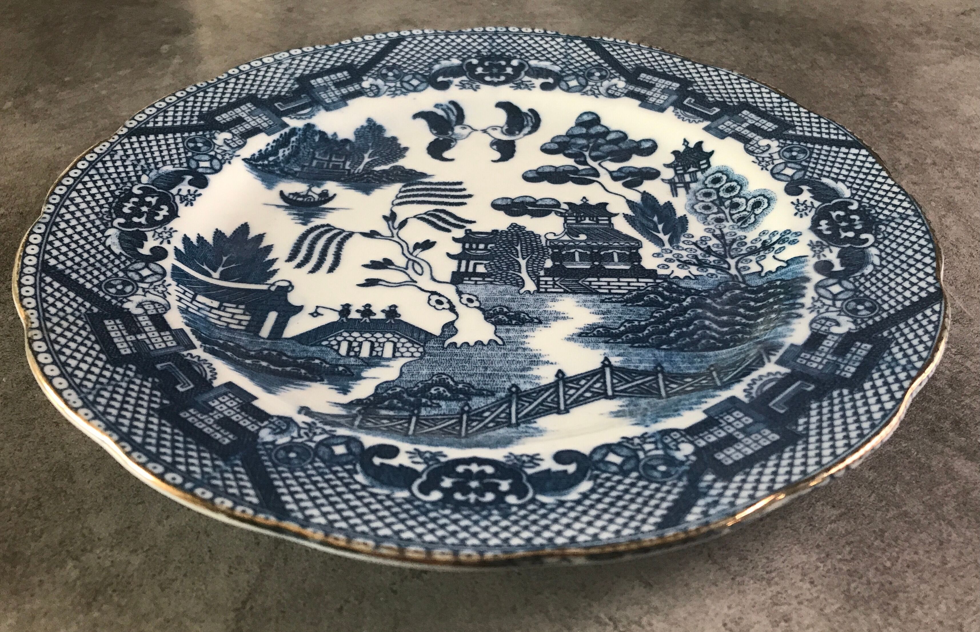 Old earthenware plate with decoration of landscape of asia 19.5 cm