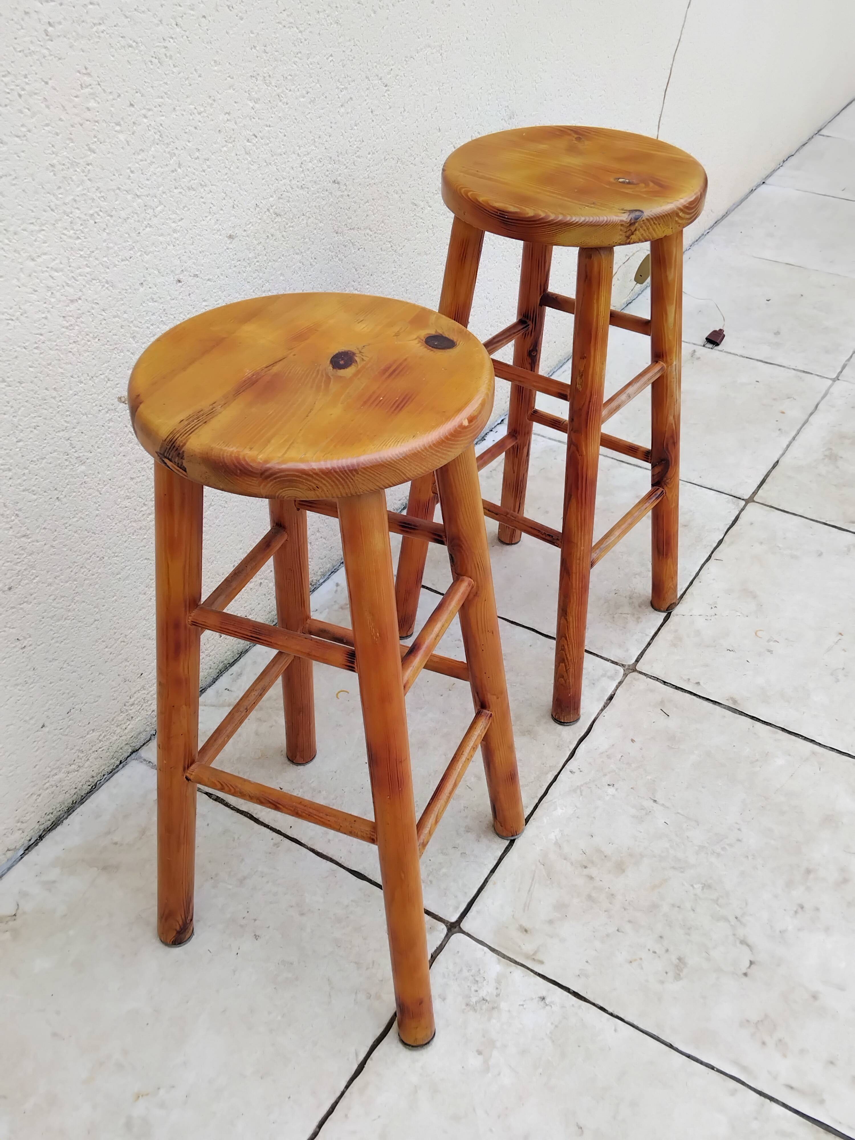 Pair of vintage high pine bar stools