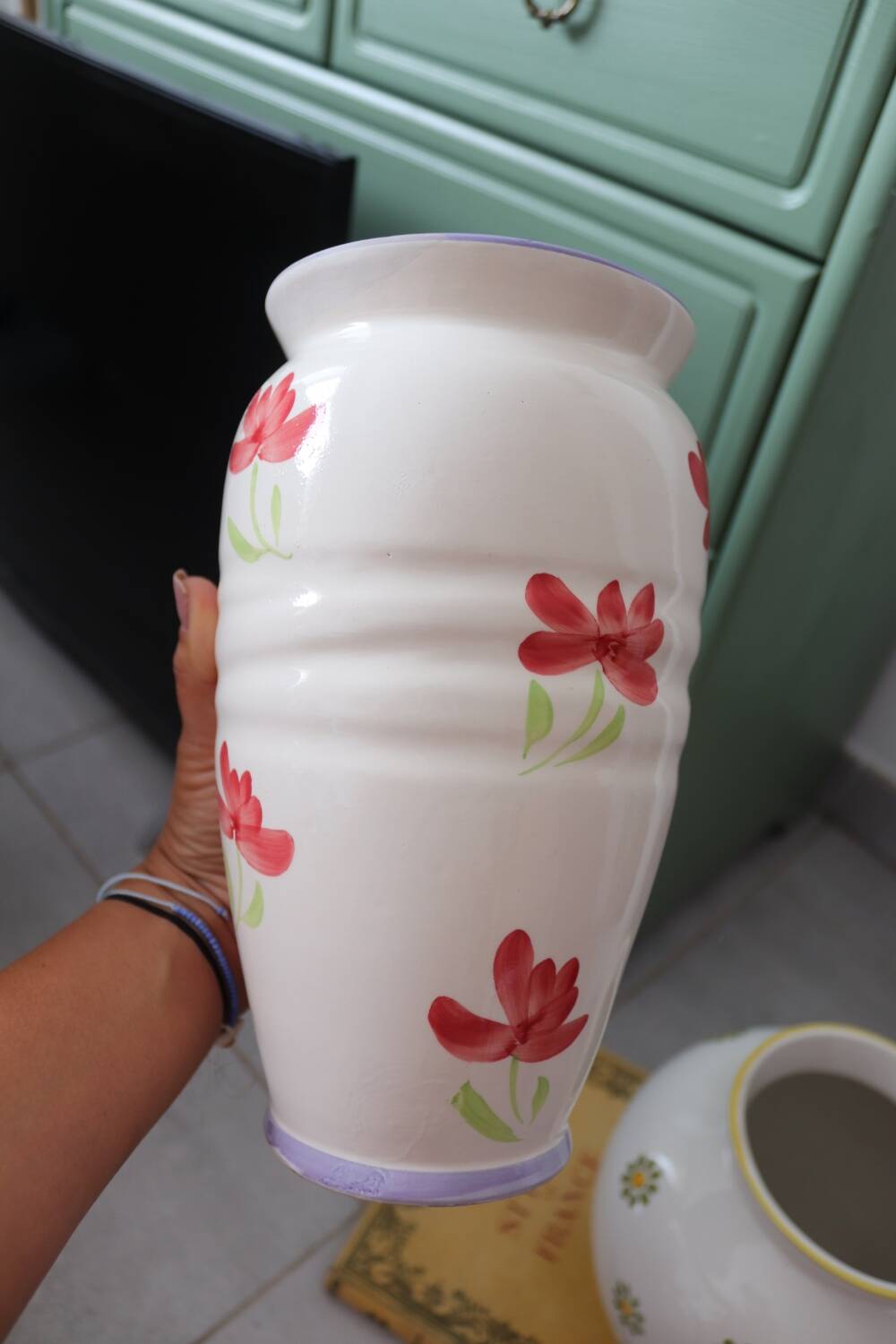 Vintage painted red flower ceramic vase