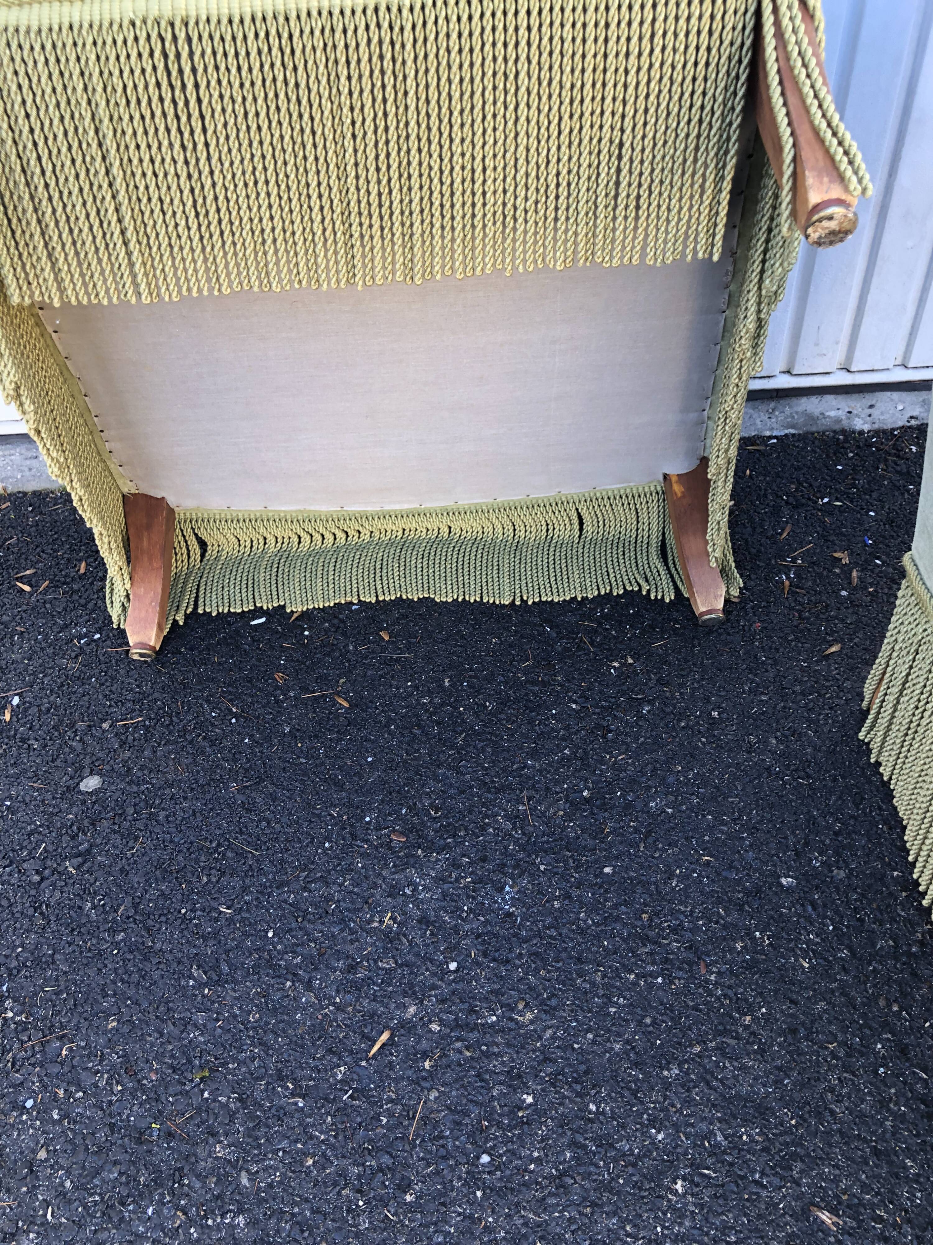 Pair of vintage almond green velvet armchairs
