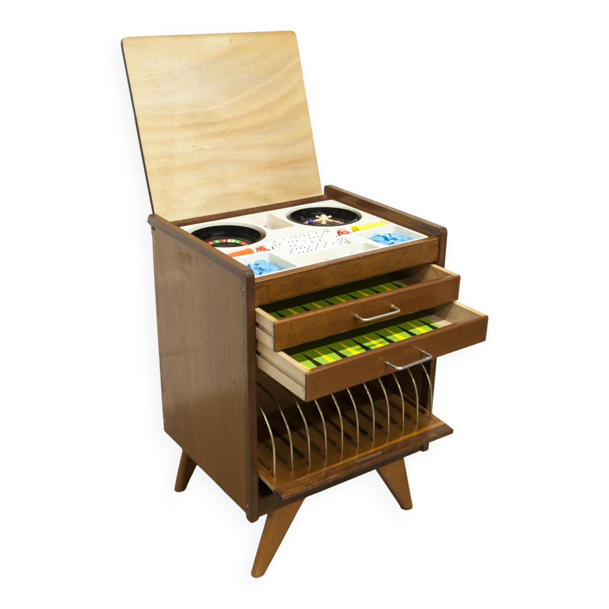 Unique 1960s bedside table with 15 complete games, compass legs, 1960s