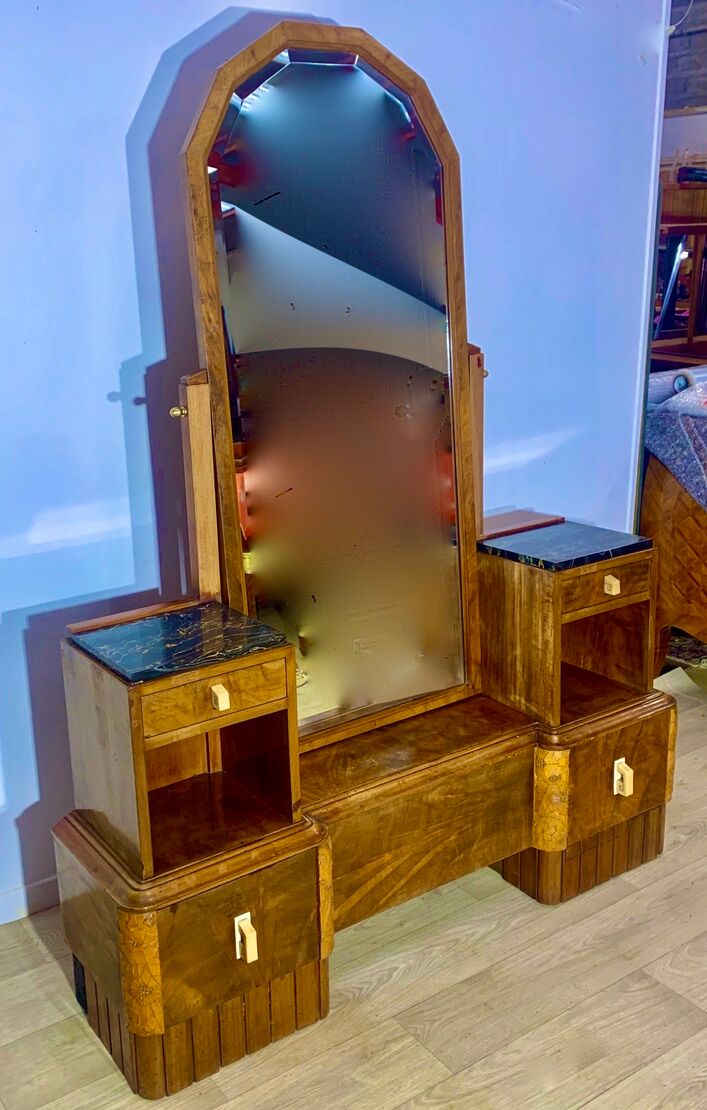 Dressing table art deco 1920 walnut magnifying glass portor marble